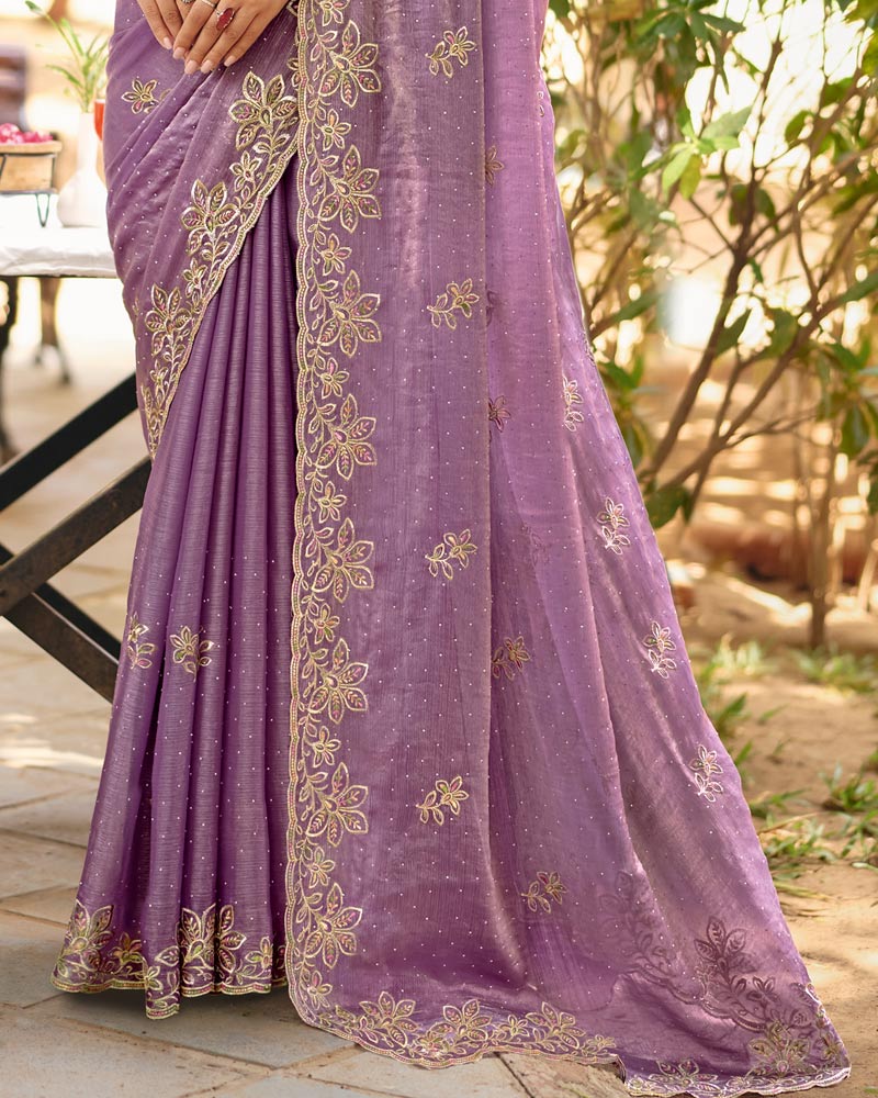 Dusty Lavender Designer Fancy Chiffon Saree With Multi-Embroidery-Diamond Work And Cut Work Border