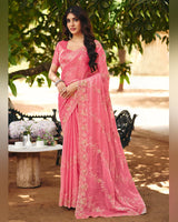 Watermelon Pink Designer Fancy Chiffon Saree With Multi-Embroidery-Diamond Work And Cut Work Border