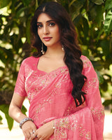 Watermelon Pink Designer Fancy Chiffon Saree With Multi-Embroidery-Diamond Work And Cut Work Border