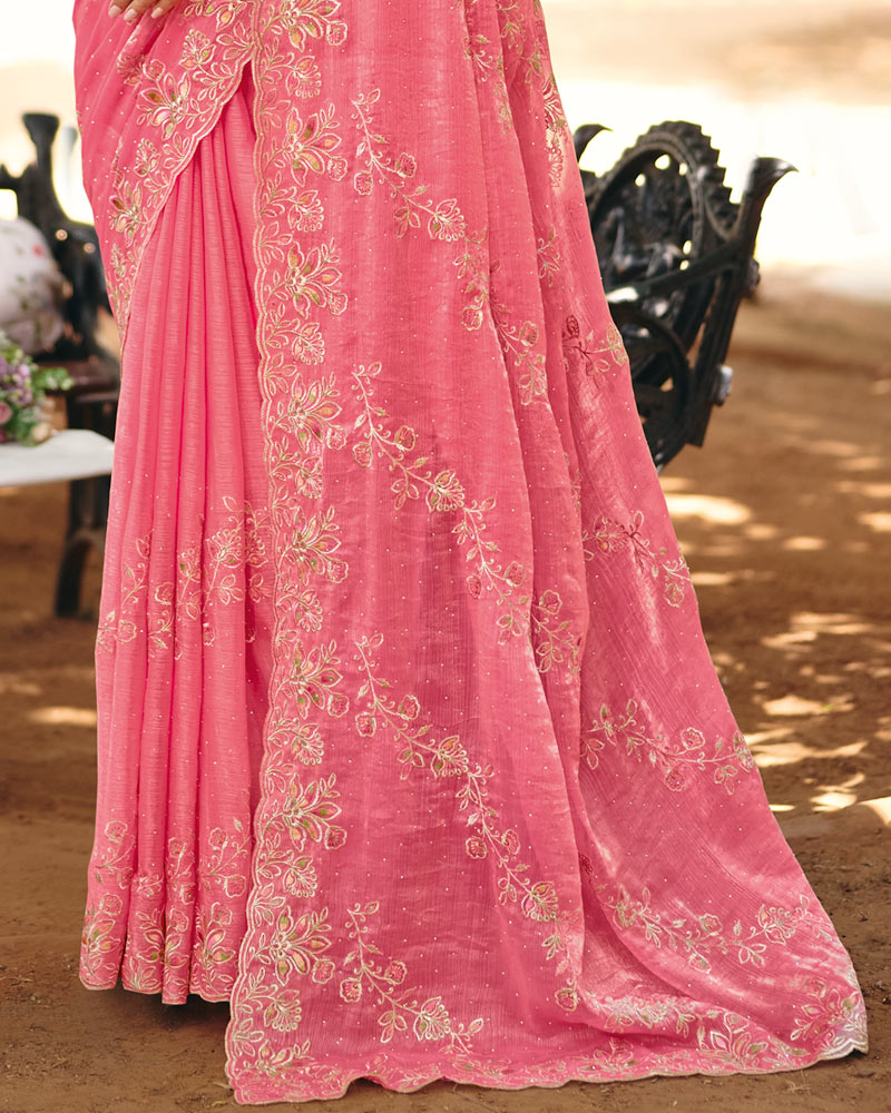 Watermelon Pink Designer Fancy Chiffon Saree With Multi-Embroidery-Diamond Work And Cut Work Border