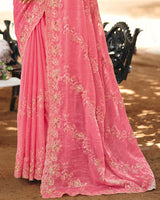 Watermelon Pink Designer Fancy Chiffon Saree With Multi-Embroidery-Diamond Work And Cut Work Border