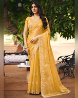 Sunshade Yellow Designer Fancy Chiffon Saree With Multi-Embroidery-Diamond Work And Cut Work Border