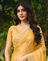 Sunshade Yellow Designer Fancy Chiffon Saree With Multi-Embroidery-Diamond Work And Cut Work Border
