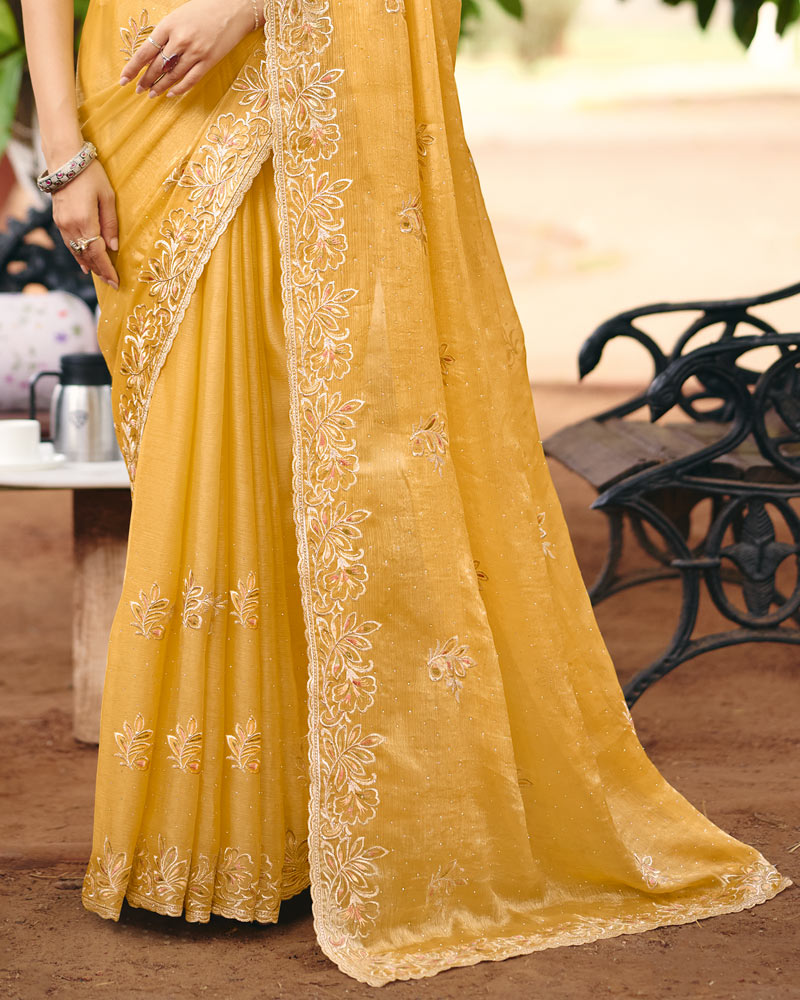 Sunshade Yellow Designer Fancy Chiffon Saree With Multi-Embroidery-Diamond Work And Cut Work Border