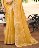 Sunshade Yellow Designer Fancy Chiffon Saree With Multi-Embroidery-Diamond Work And Cut Work Border