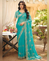 Eastern Blue Designer Fancy Chiffon Saree With Multi-Embroidery-Diamond Work And Cut Work Border