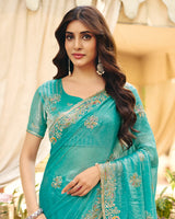 Eastern Blue Designer Fancy Chiffon Saree With Multi-Embroidery-Diamond Work And Cut Work Border