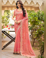 Salmon Pink Designer Fancy Chiffon Saree With Multi-Embroidery-Diamond Work And Cut Work Border