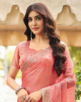 Salmon Pink Designer Fancy Chiffon Saree With Multi-Embroidery-Diamond Work And Cut Work Border