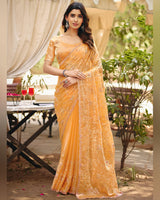 Pale Apricot Orange Designer Fancy Chiffon Saree With Multi-Embroidery-Diamond Work And Cut Work Border