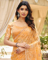 Pale Apricot Orange Designer Fancy Chiffon Saree With Multi-Embroidery-Diamond Work And Cut Work Border