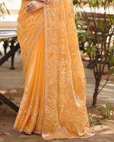 Pale Apricot Orange Designer Fancy Chiffon Saree With Multi-Embroidery-Diamond Work And Cut Work Border