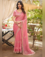 Rosy Pink Designer Fancy Chiffon Saree With Multi-Embroidery-Diamond Work And Cut Work Border
