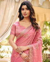 Rosy Pink Designer Fancy Chiffon Saree With Multi-Embroidery-Diamond Work And Cut Work Border
