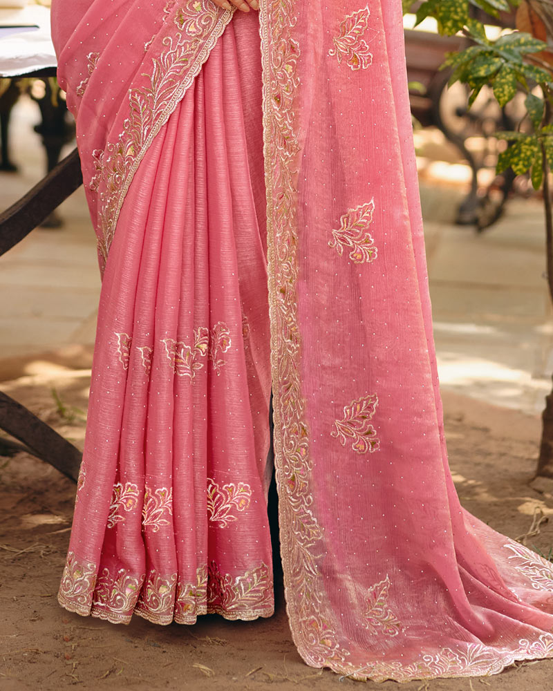 Rosy Pink Designer Fancy Chiffon Saree With Multi-Embroidery-Diamond Work And Cut Work Border