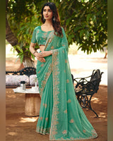 Light Sea Green Designer Fancy Chiffon Saree With Multi-Embroidery-Diamond Work And Cut Work Border