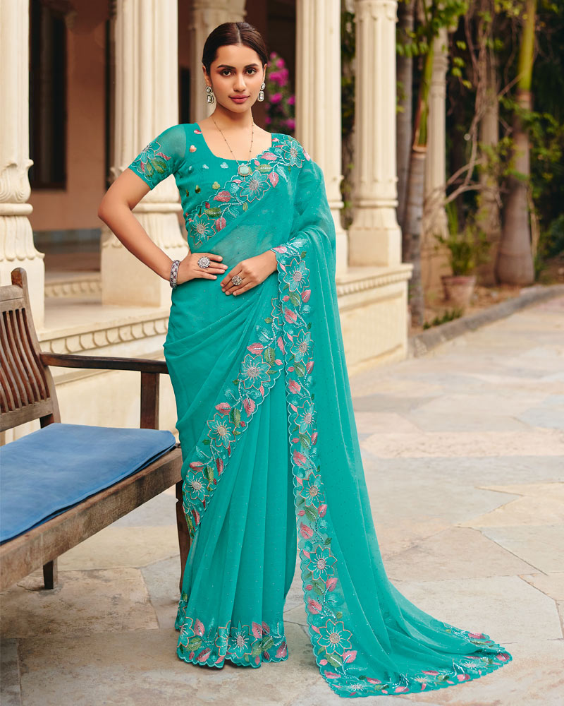 Persian Green Designer Fancy Chiffon Saree With Embroidery-Diamond Work And Cut Work Border