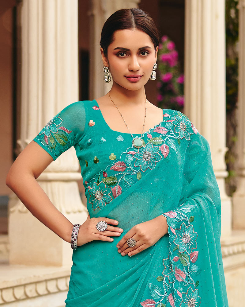 Persian Green Designer Fancy Chiffon Saree With Embroidery-Diamond Work And Cut Work Border