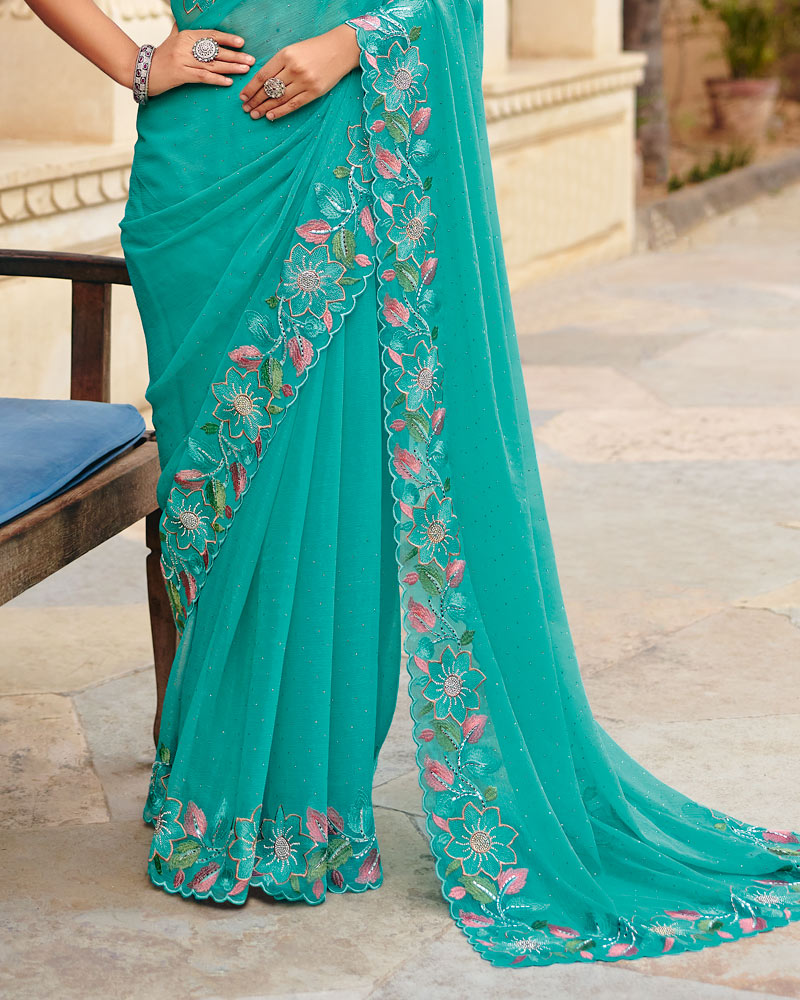 Persian Green Designer Fancy Chiffon Saree With Embroidery-Diamond Work And Cut Work Border