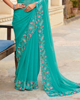 Persian Green Designer Fancy Chiffon Saree With Embroidery-Diamond Work And Cut Work Border