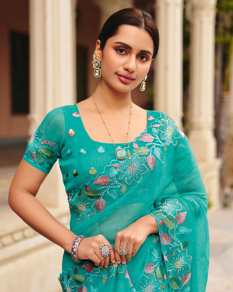 Persian Green Designer Fancy Chiffon Saree With Embroidery-Diamond Work And Cut Work Border