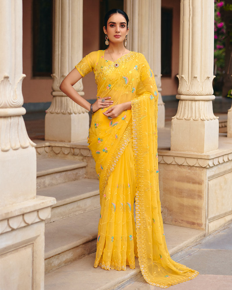 Bright Yellow Designer Fancy Chiffon Saree With Embroidery-Diamond Work And Cut Work Border