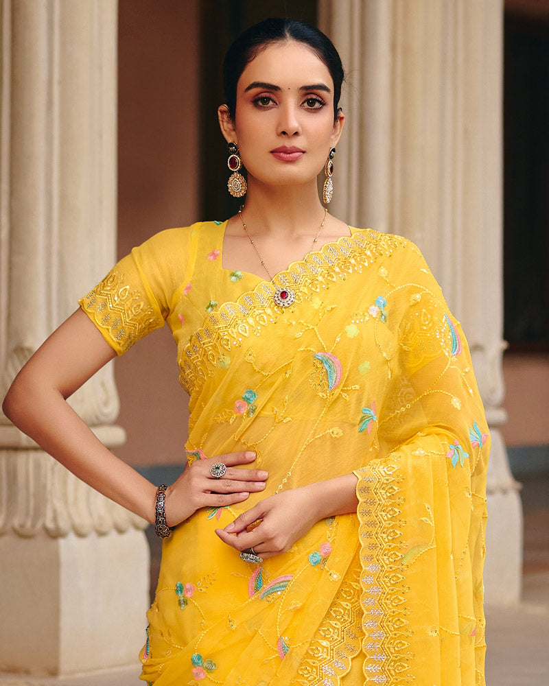 Bright Yellow Designer Fancy Chiffon Saree With Embroidery-Diamond Work And Cut Work Border