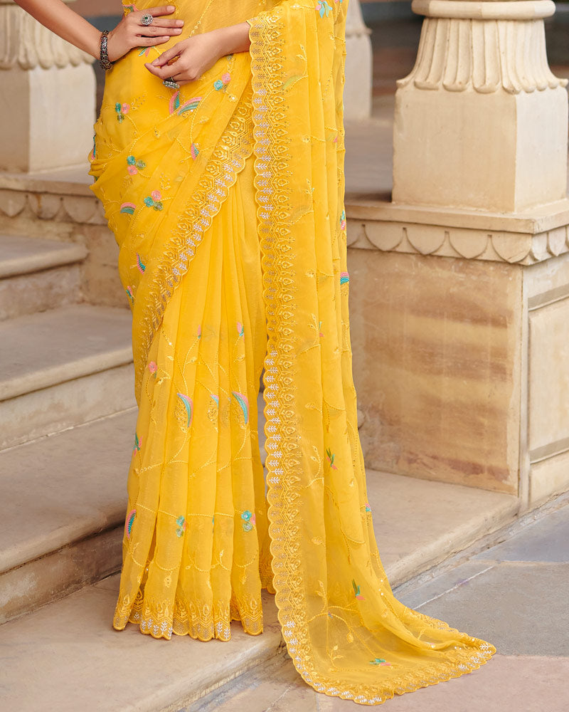 Bright Yellow Designer Fancy Chiffon Saree With Embroidery-Diamond Work And Cut Work Border