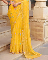 Bright Yellow Designer Fancy Chiffon Saree With Embroidery-Diamond Work And Cut Work Border