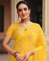 Bright Yellow Designer Fancy Chiffon Saree With Embroidery-Diamond Work And Cut Work Border