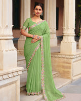 Light Moss Green Designer Fancy Chiffon Saree With Embroidery-Diamond Work And Cut Work Border
