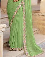 Light Moss Green Designer Fancy Chiffon Saree With Embroidery-Diamond Work And Cut Work Border