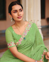 Light Moss Green Designer Fancy Chiffon Saree With Embroidery-Diamond Work And Cut Work Border