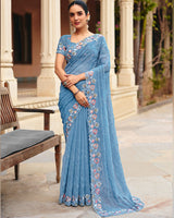 Greyish Blue Designer Fancy Chiffon Saree With Embroidery-Diamond Work And Cut Work Border