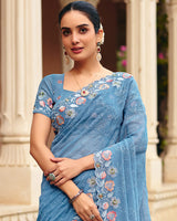 Greyish Blue Designer Fancy Chiffon Saree With Embroidery-Diamond Work And Cut Work Border