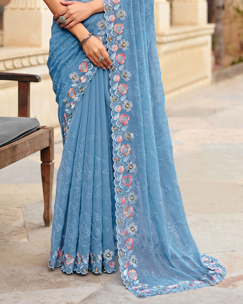 Greyish Blue Designer Fancy Chiffon Saree With Embroidery-Diamond Work And Cut Work Border