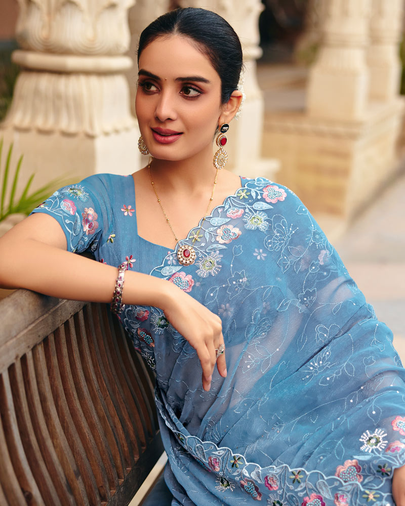Greyish Blue Designer Fancy Chiffon Saree With Embroidery-Diamond Work And Cut Work Border
