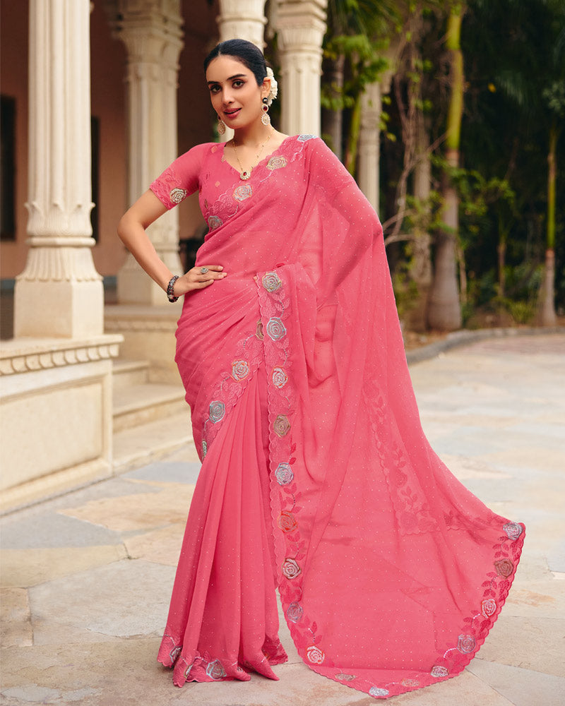Rose Pink Designer Fancy Chiffon Saree With Embroidery-Diamond Work And Cut Work Border