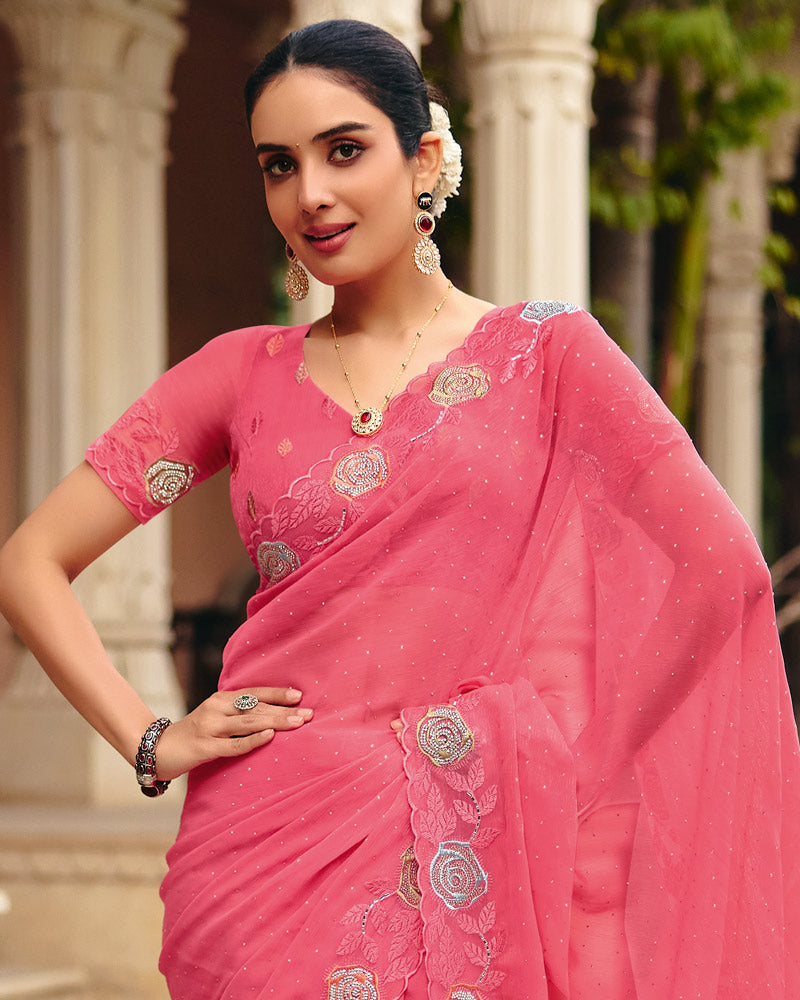 Rose Pink Designer Fancy Chiffon Saree With Embroidery-Diamond Work And Cut Work Border