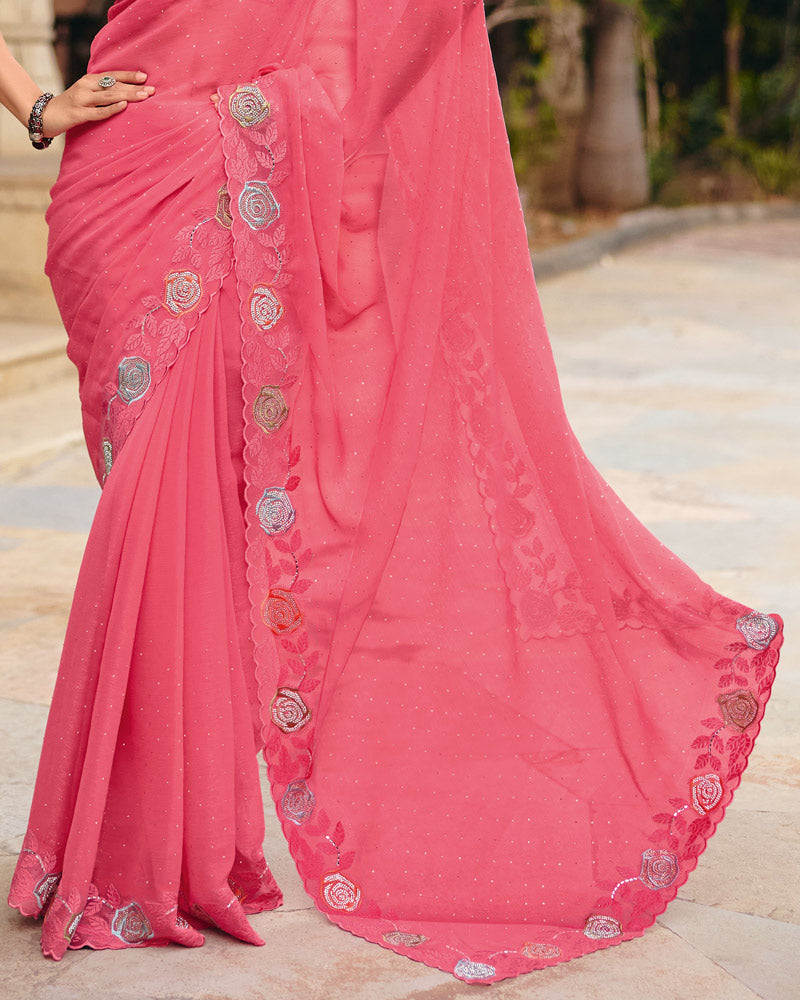 Rose Pink Designer Fancy Chiffon Saree With Embroidery-Diamond Work And Cut Work Border