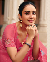 Rose Pink Designer Fancy Chiffon Saree With Embroidery-Diamond Work And Cut Work Border