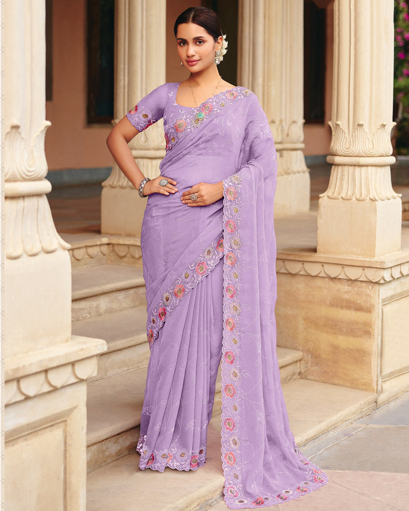 Light Pastel Purple Designer Fancy Chiffon Saree With Embroidery-Diamond Work And Cut Work Border