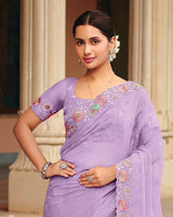Light Pastel Purple Designer Fancy Chiffon Saree With Embroidery-Diamond Work And Cut Work Border