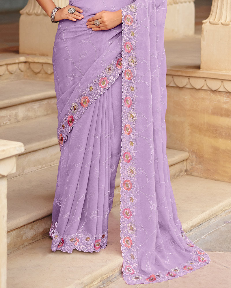 Light Pastel Purple Designer Fancy Chiffon Saree With Embroidery-Diamond Work And Cut Work Border