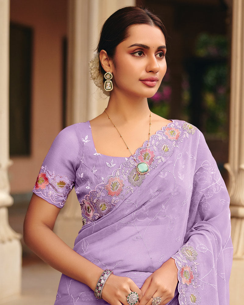 Light Pastel Purple Designer Fancy Chiffon Saree With Embroidery-Diamond Work And Cut Work Border