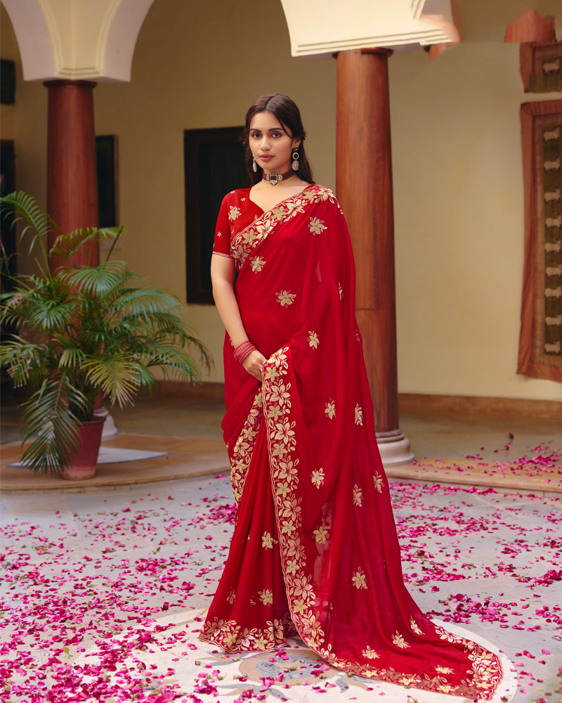 Chili Red Designer Fancy Chiffon Saree With Zari Embroidery-Diamond Work And Cut Work Border