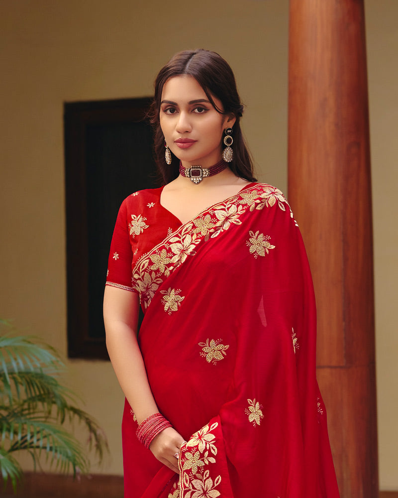 Chili Red Designer Fancy Chiffon Saree With Zari Embroidery-Diamond Work And Cut Work Border