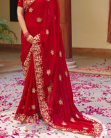 Chili Red Designer Fancy Chiffon Saree With Zari Embroidery-Diamond Work And Cut Work Border