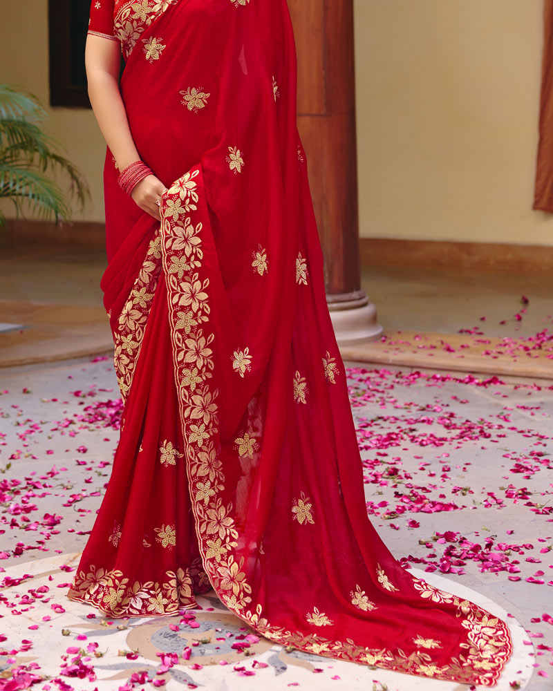 Chili Red Designer Fancy Chiffon Saree With Zari Embroidery-Diamond Work And Cut Work Border