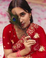 Chili Red Designer Fancy Chiffon Saree With Zari Embroidery-Diamond Work And Cut Work Border